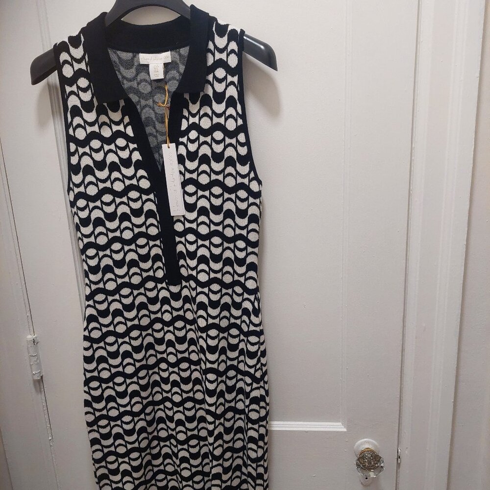 House of Harlow 1960 Black White Geometric Midi Bodycon Knit Dress M